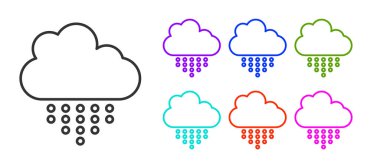 Beyaz zemin üzerinde yağmur ikonu olan siyah çizgi bulutu. Yağmur damlaları ile yağmur bulutu yağışı. Simgeleri renklendirin. Vektör.