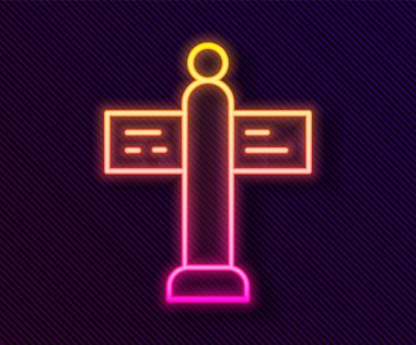 Parlayan neon hat trafik levhası. Siyah arkaplanda sinyal simgesi izole edildi. İşaretçi sembolü. Sokak bilgi tabelası. Yön tabelası. Vektör.