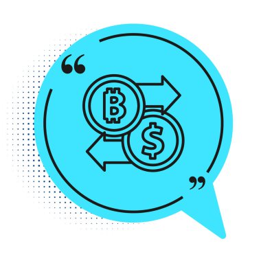 Siyah çizgi kripto döviz simgesi beyaz arkaplanda izole edildi. Bitcoin 'den dolar takas simgesine. Kripto para teknolojisi, mobil bankacılık. Mavi konuşma balonu sembolü. Vektör.