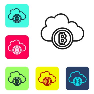 Siyah çizgi kripto para birimi bulut maden ikonu beyaz arka planda izole. Engelleme teknolojisi, bitcoin, dijital para piyasası, kripto para cüzdanı. Renkli kare düğmelerle simgeleri ayarla. Vektör.