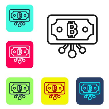 Beyaz zemin üzerinde izole edilmiş mikroçip devre ikonu olan siyah çizgi kripto para birimi bitcoin daire içinde. Engelleme teknolojisi, dijital para piyasası. Renkli kare düğmelerle simgeleri ayarla. Vektör.