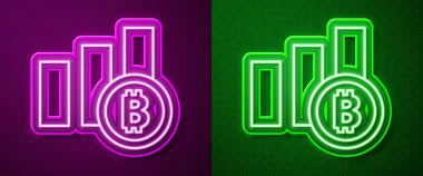 Parlak neon çizgisi Pie grafiği infografik bitcoin simgesi mor ve yeşil arkaplanda izole edildi. Diyagram çizelgesi. Vektör.