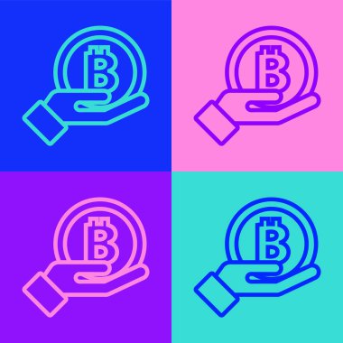 Pop Art Line Hand 'in elinde Bitcoin simgesi var. Renk arkaplanında izole edilmiş. Engelleme teknolojisi, dijital para piyasası, şifreli para cüzdanı. Vektör.