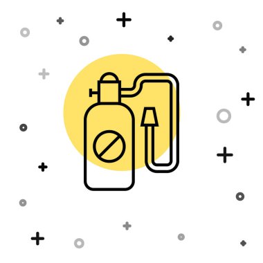 Beyaz arka planda izole edilmiş böcek ikonunun imhası için siyah çizgi basınç spreyi. Böcek Kontrol Servisi. Dezenfektan spreyi. Rastgele dinamik şekiller. Vektör.