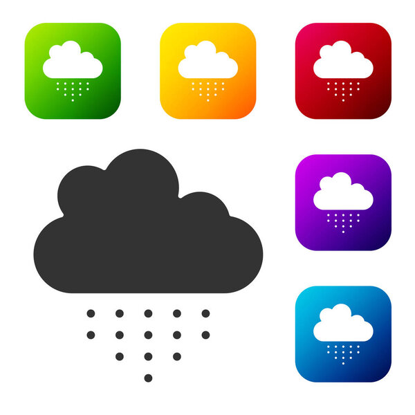 Black Cloud with rain icon isolated on white background. Rain cloud precipitation with rain drops. Set icons in color square buttons. Vector.