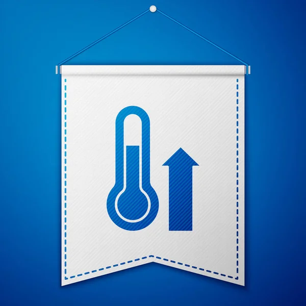 青い背景に隔離されたアイコンを測定する青い気象温度計 高温または低温を示す温度計機器 ホワイトペナントテンプレート ベクトル — ストックベクタ