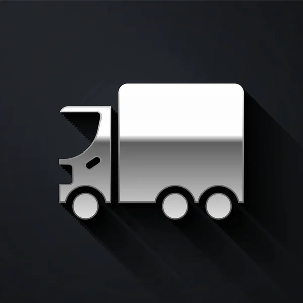 Silber Lieferung Lastkraftwagen Symbol Isoliert Auf Schwarzem Hintergrund Langer Schatten — Stockvektor