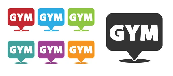 Black Location Gym Icoon Geïsoleerd Witte Achtergrond Stel Pictogrammen Kleurrijk — Stockvector