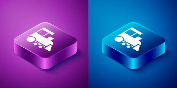 Isometric Toy Train Icon Isolated Blue Purple Background Square Button — Stock Vector