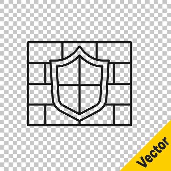 Escudo Línea Negra Con Icono Pared Ladrillo Seguridad Cibernética Aislado — Vector de stock