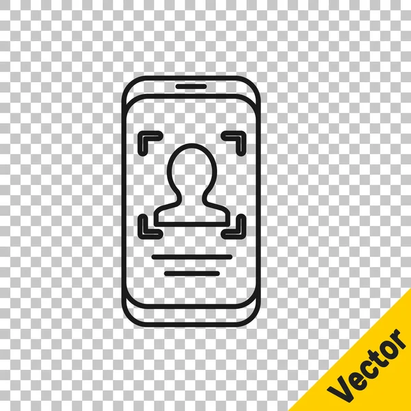 Schwarze Linie Mobiltelefon Und Gesichtserkennung Symbol Isoliert Auf Transparentem Hintergrund — Stockvektor
