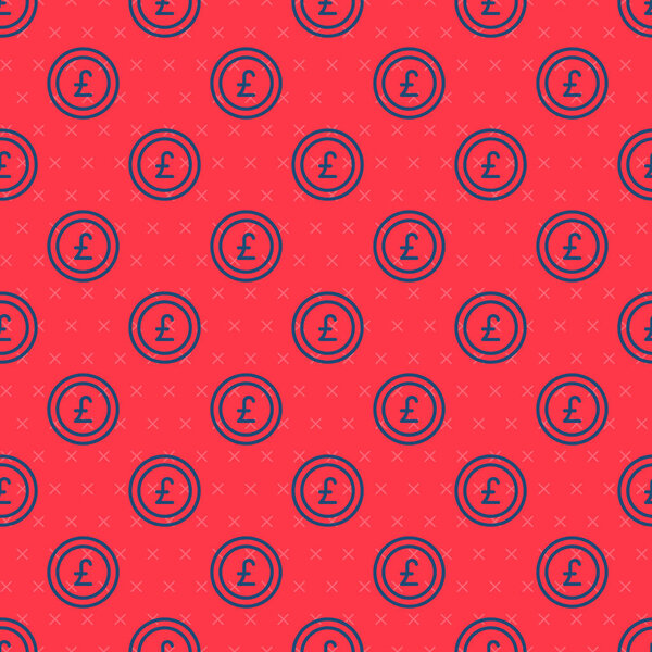 Голубая линия Денежные средства с символом фунта стерлингов изолированный бесшовный рисунок на красном фоне. Банковский знак валюты. Символ денег. Вектор.