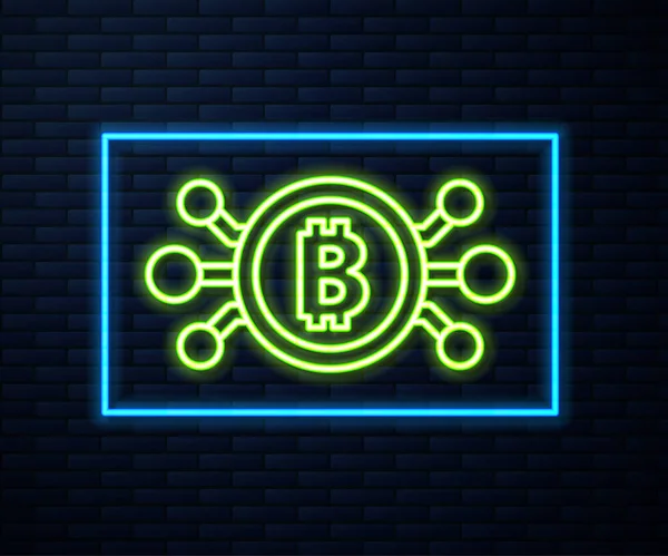 Leuchtende Leuchtschrift Kryptowährung Bitcoin Kreis Mit Mikrochip Schaltung Symbol Isoliert — Stockvektor