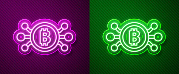 Glowing neon line Cryptocurrency bitcoin in circle with microchip circuit icon isolated on purple and green background. Blockchain technology, digital money market.  Vector.