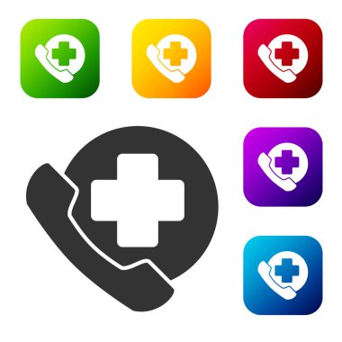 Hastanenin simgesine yapılan siyah acil arama beyaz arka planda izole edildi. Renkli kare düğmelerle simgeleri ayarla. Vektör İllüstrasyonu.