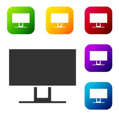 Siyah Akıllı TV simgesi beyaz arkaplanda izole edildi. Televizyon tabelası. Renkli kare düğmelerle simgeleri ayarla. Vektör İllüstrasyonu.