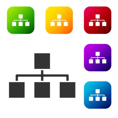 Siyah İş Hiyerarşisi organizogram grafiksel bilgi simgesi beyaz arkaplanda izole edildi. Kurumsal yapı grafik elementleri. Renkli kare düğmelerle simgeleri ayarla. Vektör.