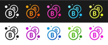 Bitcoin para simgesini siyah ve beyaz arkaplanda izole et. Madeni para. Engelleme zinciri tabanlı şifreli para birimi. Vektör.