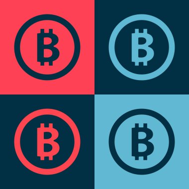 Pop Art Cryptocoin para simgesi Bitcoin renk arkaplan izole. Madeni para. Engelleme zinciri tabanlı şifreli para birimi. Vektör.