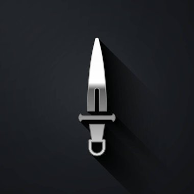 Gümüş Hançer simgesi siyah arka planda izole edildi. Bıçak ikonu. Keskin bıçaklı kılıç. Uzun gölge tarzı. Vektör.