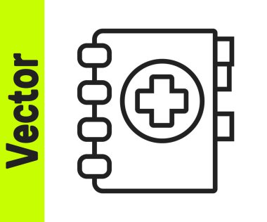 Siyah çizgi tıbbi pano, beyaz arka planda izole edilmiş klinik kayıt simgesi. Reçete, tıbbi kontrol işaretleri raporu. Vektör İllüstrasyonu.