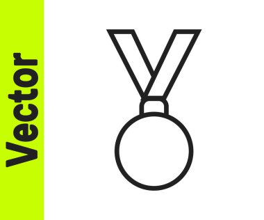 Beyaz arkaplanda siyah çizgi madalyası ikonu izole edildi. Kazanan başarı işareti. Ödül madalyası. Vektör İllüstrasyonu.