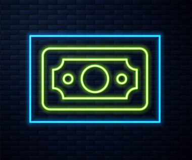 Parlak neon hattı kağıt yığınları para ikonu tuğla duvar arka planında izole. Para desteleri. Para birimi. Vektör İllüstrasyonu.