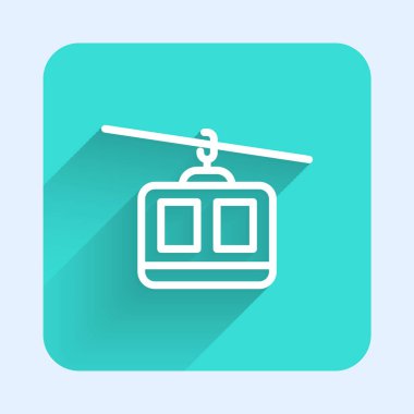 Beyaz çizgi kablo araba simgesi uzun gölgeli izole edildi. Füniküler işaret. Yeşil kare düğmesi. Vektör.