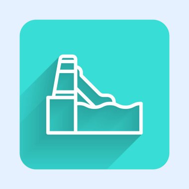 Beyaz çizgili, uzun gölgeli havuz ikonlu su kaydırağı. Aquapark. Yeşil kare düğmesi. Vektör.