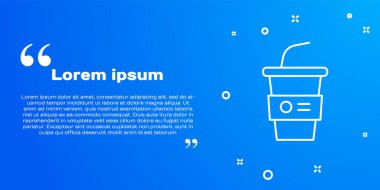 Mavi zemin üzerinde saman ve su ikonu olan beyaz çizgi kağıt bardak. Soda bardağı. Taze soğuk içecek sembolü. Vektör.