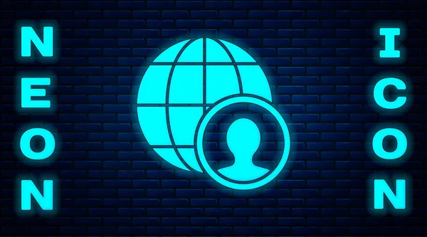 Сяючий Неоновий Глобус Люди Значок Ізольовані Фоні Цегляної Стіни Глобальний — стоковий вектор