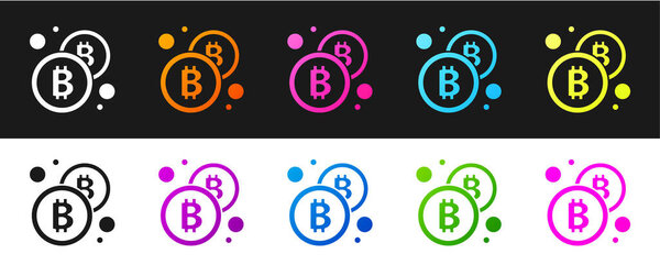 Set Cryptocurrency coin Bitcoin icon isolated on black and white background. Physical bit coin. Blockchain based secure crypto currency.  Vector.