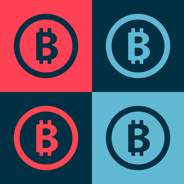 Pop art Cryptocurrency coin Bitcoin icon isolated on color background. Physical bit coin. Blockchain based secure crypto currency.  Vector.