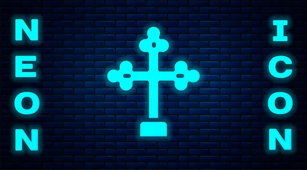 Glödande Neon Kristna Kors Ikon Isolerad Tegel Vägg Bakgrund Kyrkorset — Stock vektor