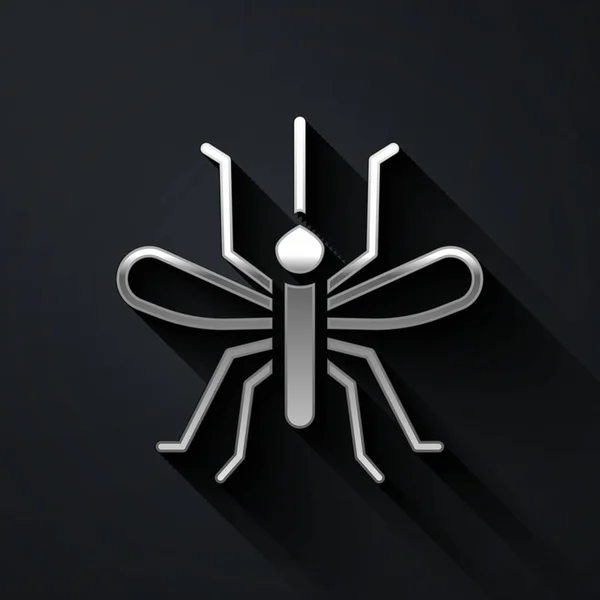 Stříbrná Ikona Mosquito Izolované Černém Pozadí Dlouhý Stínový Styl Vektor — Stockový vektor