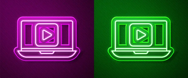 Gloeiende Neon Lijn Online Play Video Icoon Geïsoleerd Paarse Groene — Stockvector