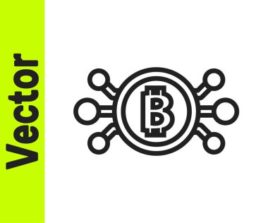 Beyaz zemin üzerinde izole edilmiş mikroçip devre ikonu olan siyah çizgi kripto para birimi bitcoin daire içinde. Engelleme teknolojisi, dijital para piyasası. Vektör.