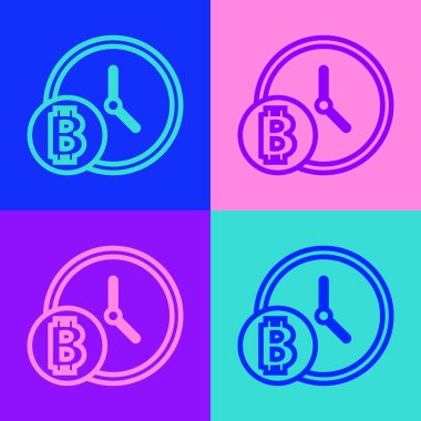 Pop sanat çizgisi Kripto para birimi Bitcoin saat simgesi renk arkaplan izole. Madeni para. Engelleme zinciri tabanlı şifreli para birimi. Vektör.