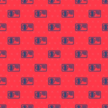 Üzerinde bitcoin simgesi olan mavi çizgi kredi kartı kırmızı arka planda izole edilmiş kusursuz desen. Çevrimiçi ödeme. Nakit çekilmesi. Modern ödeme yöntemi. Vektör.