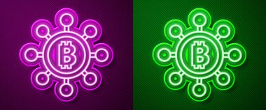 Parlayan neon hattı Blockchain teknolojisi Bitcoin simgesi mor ve yeşil arka planda izole edildi. Soyut geometrik blok zincir ağ teknolojisi işi. Vektör.