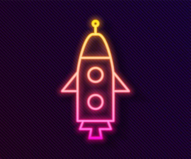 Parlayan neon hattı Roket gemisi simgesi siyah arkaplanda izole edildi. Uzay yolculuğu. Vektör.