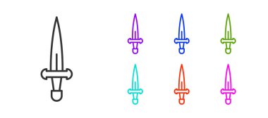 Beyaz arka planda siyah çizgi hançer simgesi izole edildi. Bıçak ikonu. Keskin bıçaklı kılıç. Simgeleri renklendirin. Vektör.