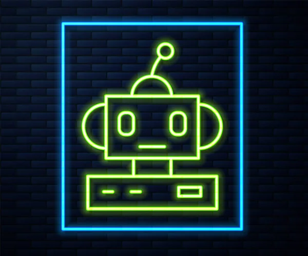 Parlayan Neon Hattı Robot Oyuncak Ikonu Tuğla Duvar Arkasında Izole — Stok Vektör