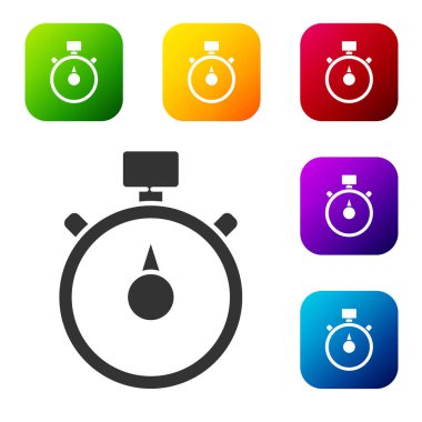 Siyah Kronometre simgesi beyaz arkaplanda izole edildi. Zaman göstergesi. Kronometre işareti. Renkli kare düğmelerle simgeleri ayarla. Vektör İllüstrasyonu.