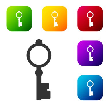 Beyaz arkaplanda siyah eski anahtar simgesi izole edildi. Renkli kare düğmelerle simgeleri ayarla. Vektör İllüstrasyonu.