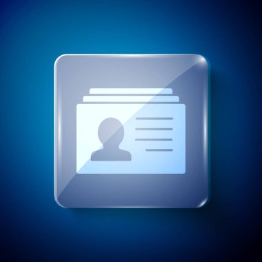 Mavi arkaplanda beyaz özgeçmiş simgesi izole edildi. Özgeçmiş başvurusu. Profesyonel personel aranıyor. Personel analizi devam ediyor. Kare cam paneller. Vektör.