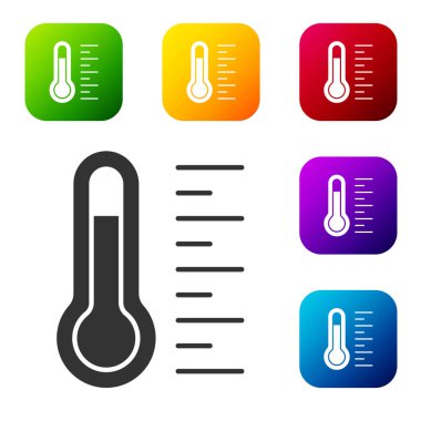 Siyah Meteoroloji termometresi beyaz zeminde izole edilmiş ikonu ölçüyor. Termometre termometresi sıcak ya da soğuk hava gösteriyor. Renkli kare düğmelerle simgeleri ayarla. Vektör.