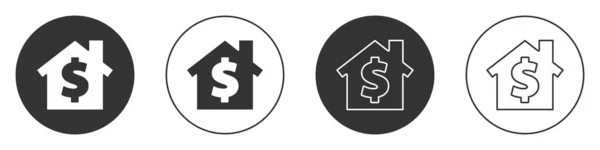 有美元符号图标的黑屋在白色背景上被隔离 家里和钱 房地产概念 圆形按钮 病媒图解 — 图库矢量图片
