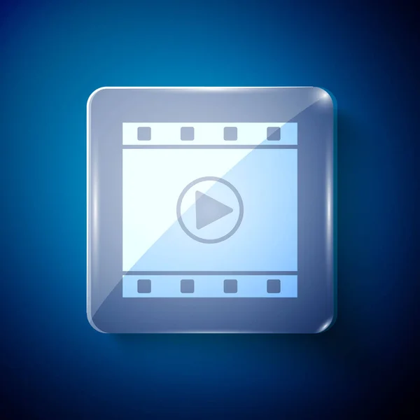 Icône Lecture Vidéo Blanche Isolée Sur Fond Bleu Panneau Film — Image vectorielle
