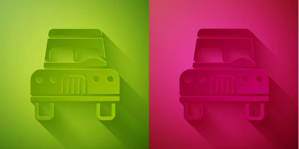 紙カット緑とピンクの背景に隔離された車のアイコン 正面図 紙のアートスタイル ベクトル — ストックベクタ